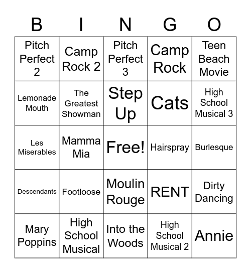 Musical Movies Bingo Card