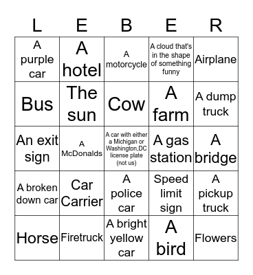 Leber Car Trip Bingo Card