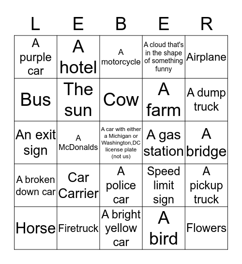 Leber Car Trip Bingo Card