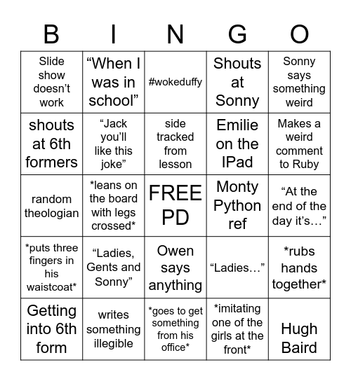 Duffy’s Bingo card Bingo Card