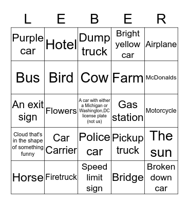 Leber Car Trip Bingo Card