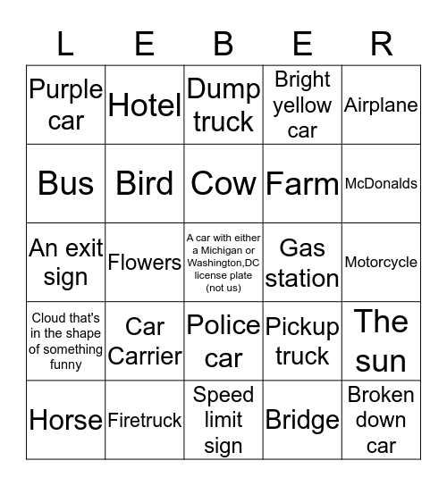 Leber Car Trip Bingo Card