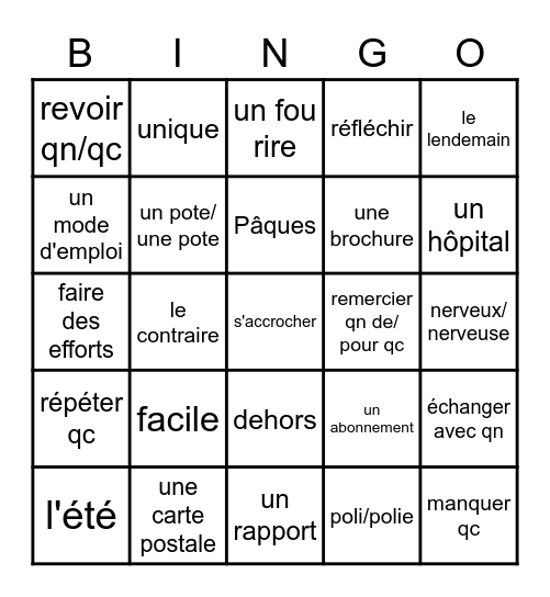 Vocabulaire Leçon 3 Bingo Card