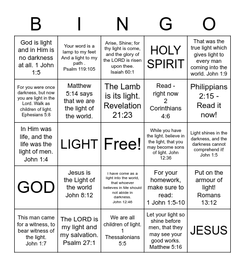 Jesus is the LIGHT of the world! Bingo Card