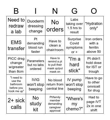 Infusion Nurse Bingo Card