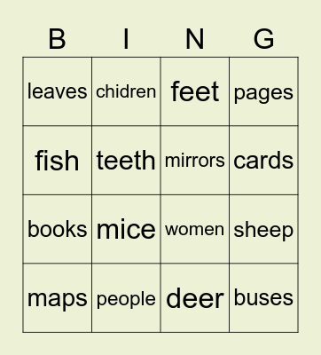 Bingo plurals Bingo Card