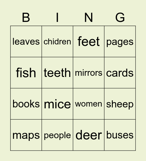 Bingo plurals Bingo Card