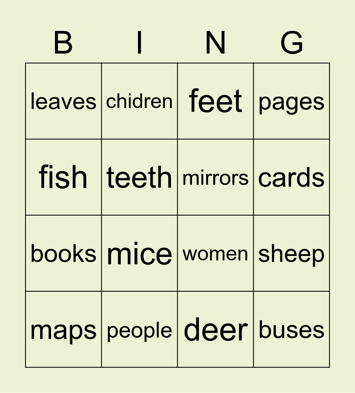 Bingo plurals Bingo Card
