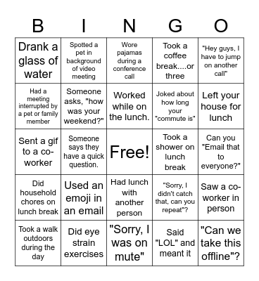 Remote Work Bingo Card