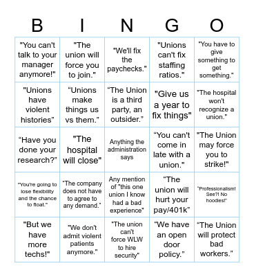 Laurelwood Union Buster Bingo Card