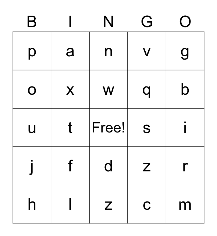 Lower Case Letter Bingo Card