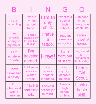 Delta Zeta Bingo Card