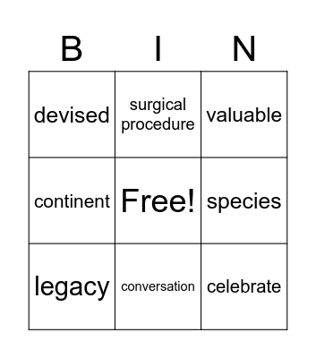 Vocabulary Bingo Card