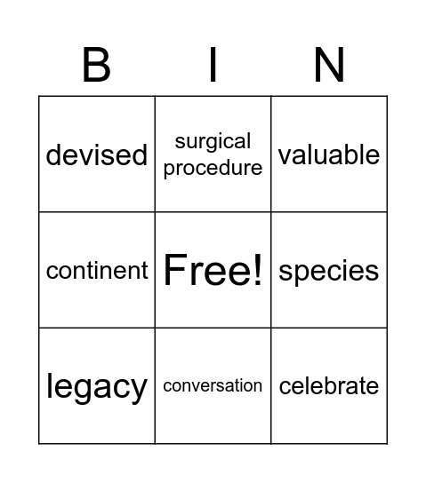 Vocabulary Bingo Card