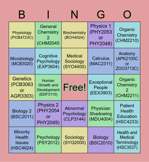 Pre-Health Course Bingo! Bingo Card