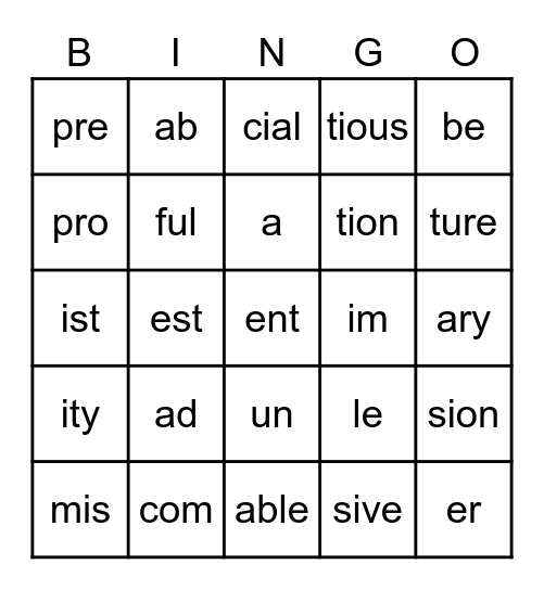 Prefixes & Suffixes Bingo Card