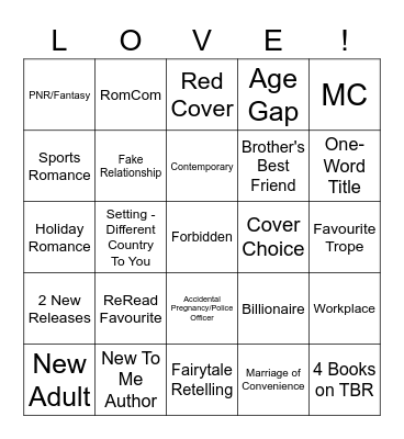 Romance Reading Challenge Bingo Card