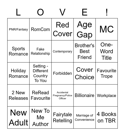 Romance Reading Challenge Bingo Card