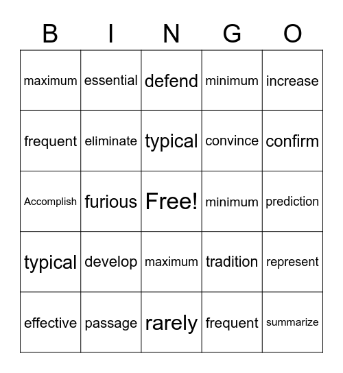 Vocabulary Bingo! Bingo Card