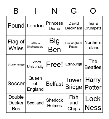 United Kingdom Bingo Card