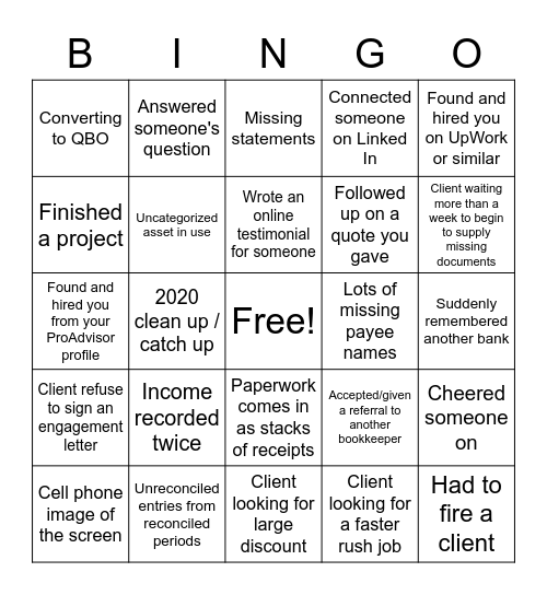 Bookkeeper Clean Up / Catch Up Bingo Card