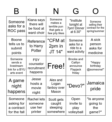 22nd ward chat Bingo Card