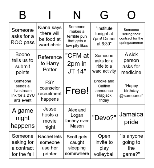 22nd ward chat Bingo Card