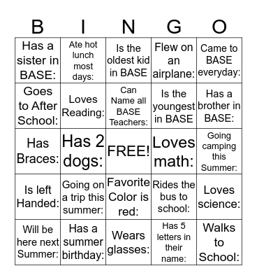 Summer BASE Bingo Card
