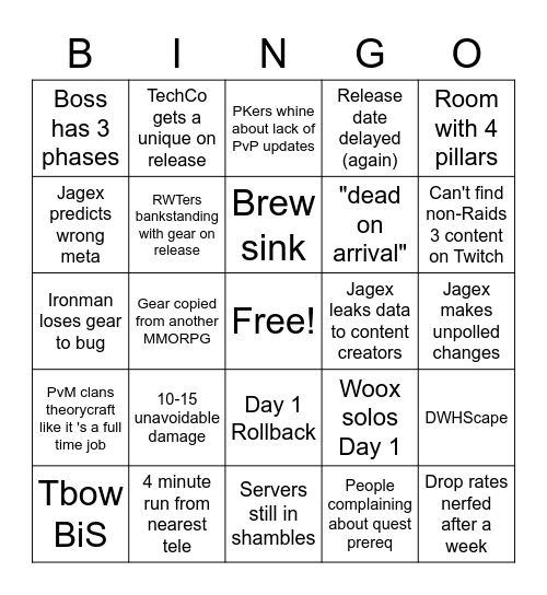 Raids 3 Bingo Card