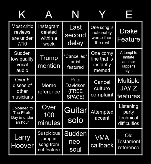 Donda 2 Bingo Card