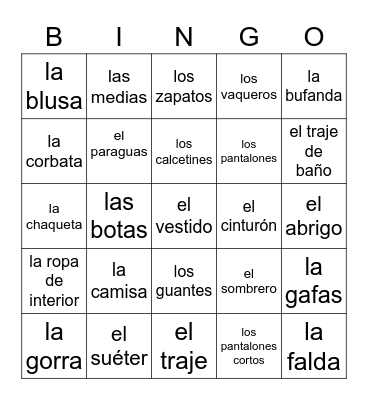 La Ropa Bingo Card