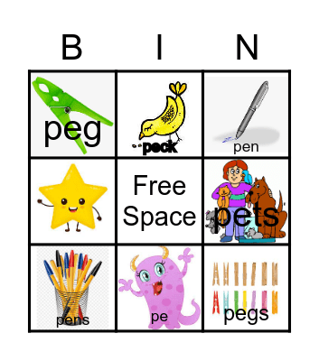 Set 1 - Emerald - pets, pen, peg, pens, peck Bingo Card