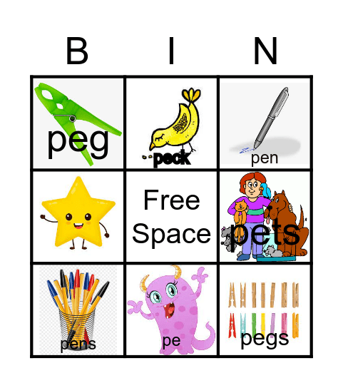 Set 1 - Emerald - pets, pen, peg, pens, peck Bingo Card