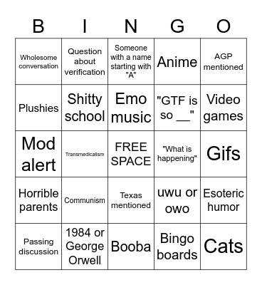 GTF Bingo Card