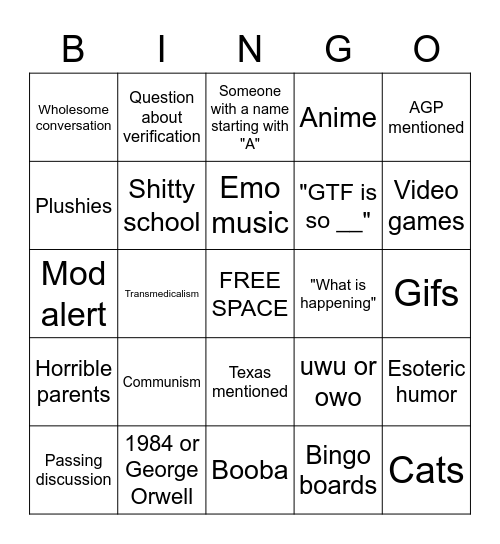 GTF Bingo Card