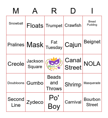 Mardi Gras Bingo Card