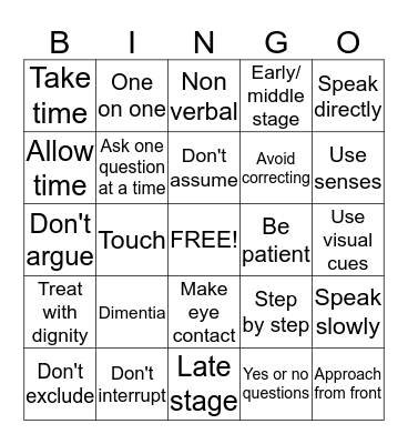 Communication and Dimentia  Bingo Card
