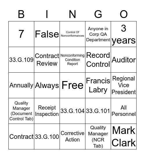 Mechanical Services  Bingo Card