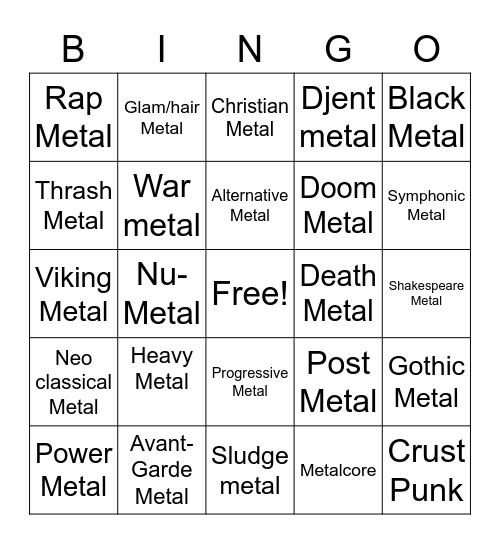 Metal Genre Bingo Card