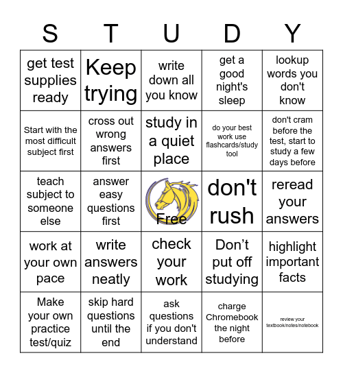 Study Skills & Test-Taking Tips Bingo Card