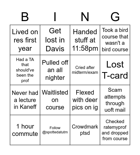 UTM student bingo Card