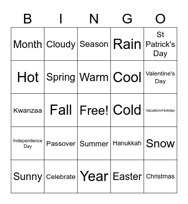 Seasons/Weather/Holidays Bingo Card