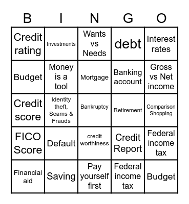 PARENT MONEY BINGO Card