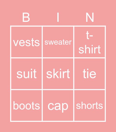 Clothing Items Bingo Card