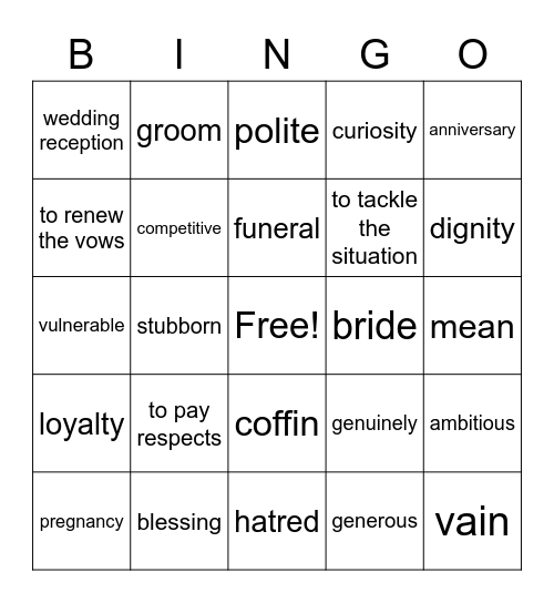 Outcomes - unit 13 Bingo Card