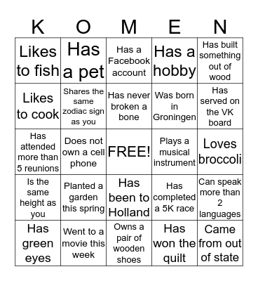 Van Komen Family Reunion 2015 Bingo Card