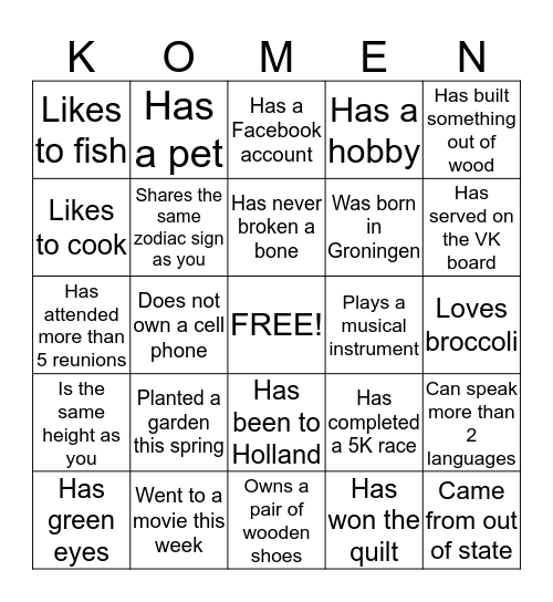 Van Komen Family Reunion 2015 Bingo Card