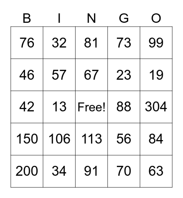 Number Bingo Card