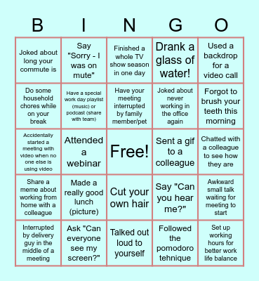 Remote Work Bingo Card