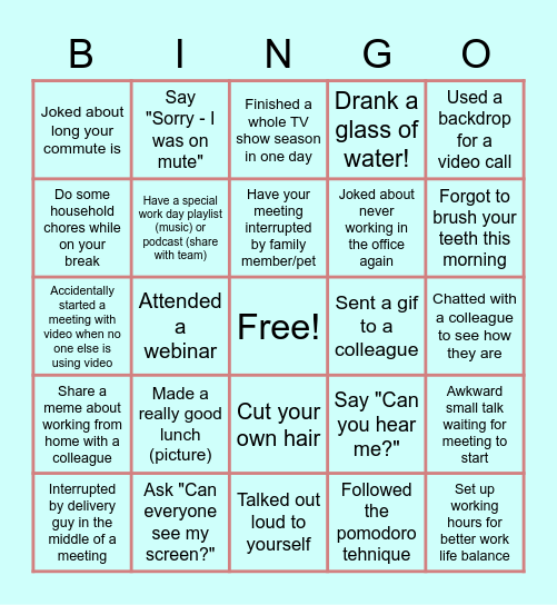 Remote Work Bingo Card